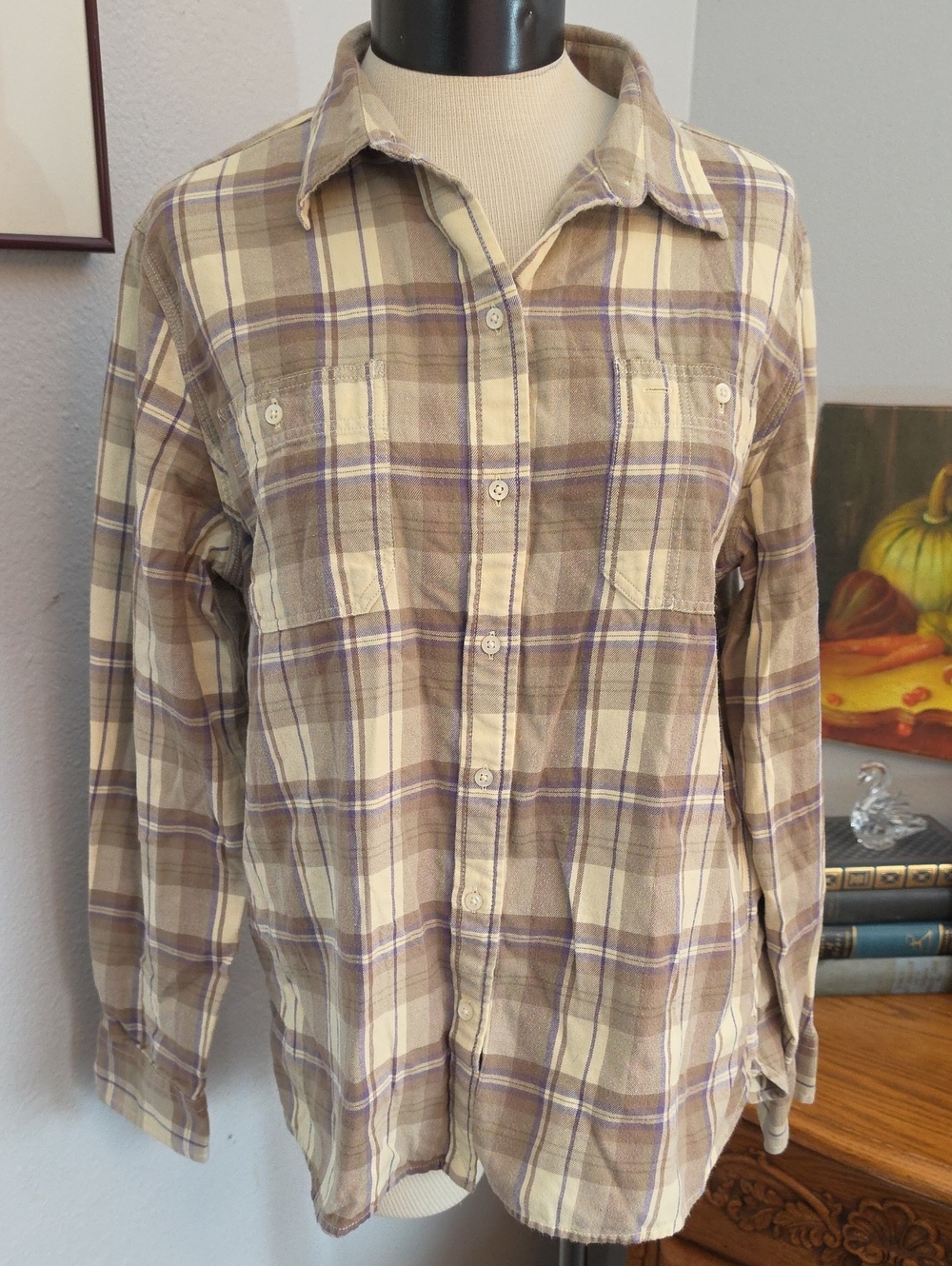Lauren Ralph Lauren Tan Purple Plaid XL Flannel Top Gorpcore Heritage Classic